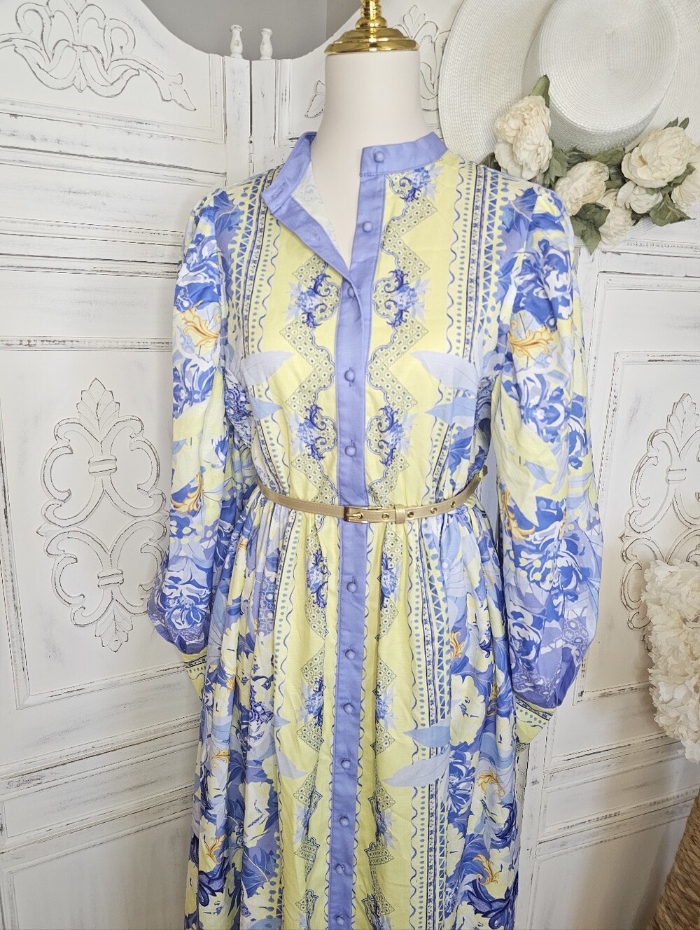 White Sandstorm Kalliope Floral Blue & Yellow Long Puffed Sleeve Maxi Dress - Picture 5 of 14